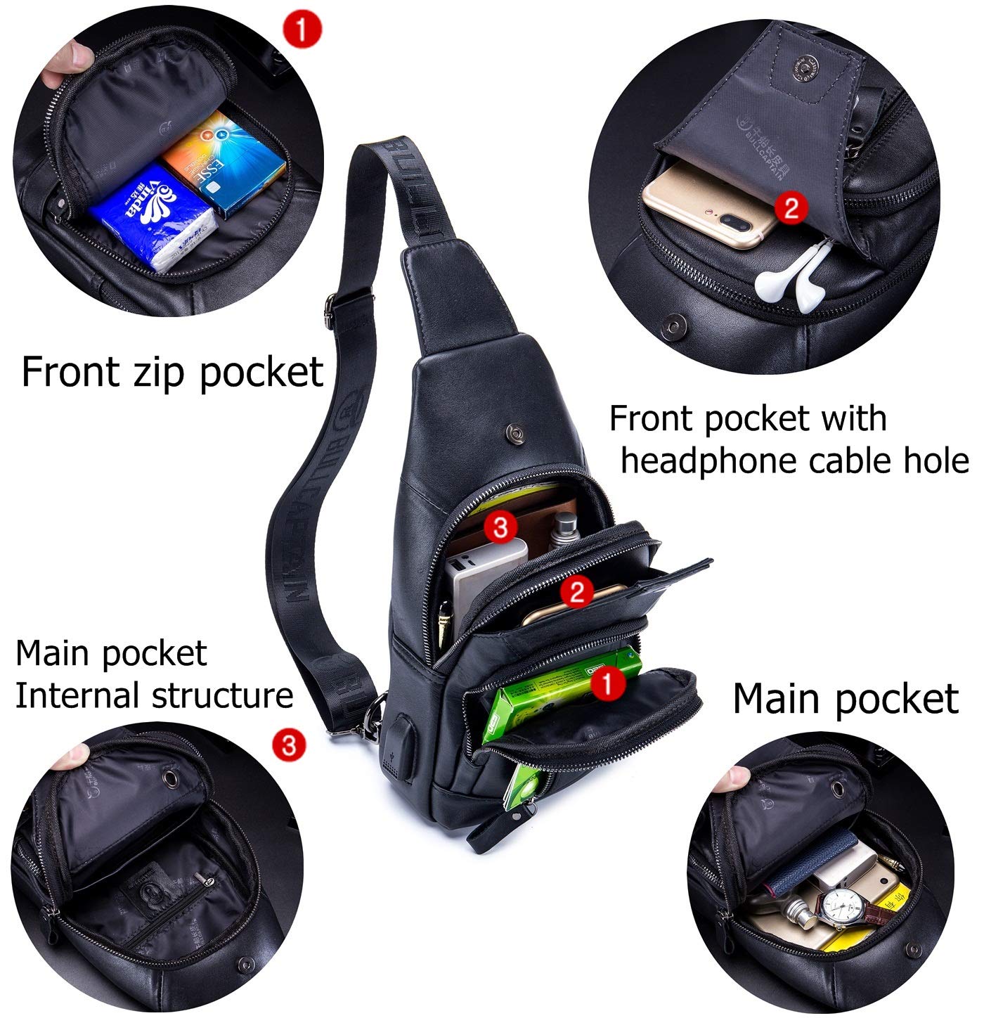 BULLCAPTAIN Genuine Leather Mens Sling Bag Multipurpose Travel Crossbody Chest Bag Daypacks with USB Charging Port (Black)