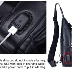 BULLCAPTAIN Genuine Leather Mens Sling Bag Multipurpose Travel Crossbody Chest Bag Daypacks with USB Charging Port (Black)