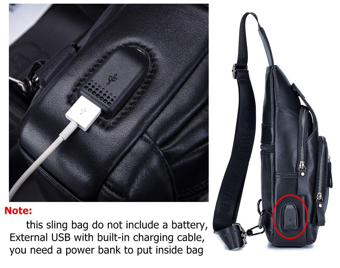 BULLCAPTAIN Genuine Leather Mens Sling Bag Multipurpose Travel Crossbody Chest Bag Daypacks with USB Charging Port (Black)