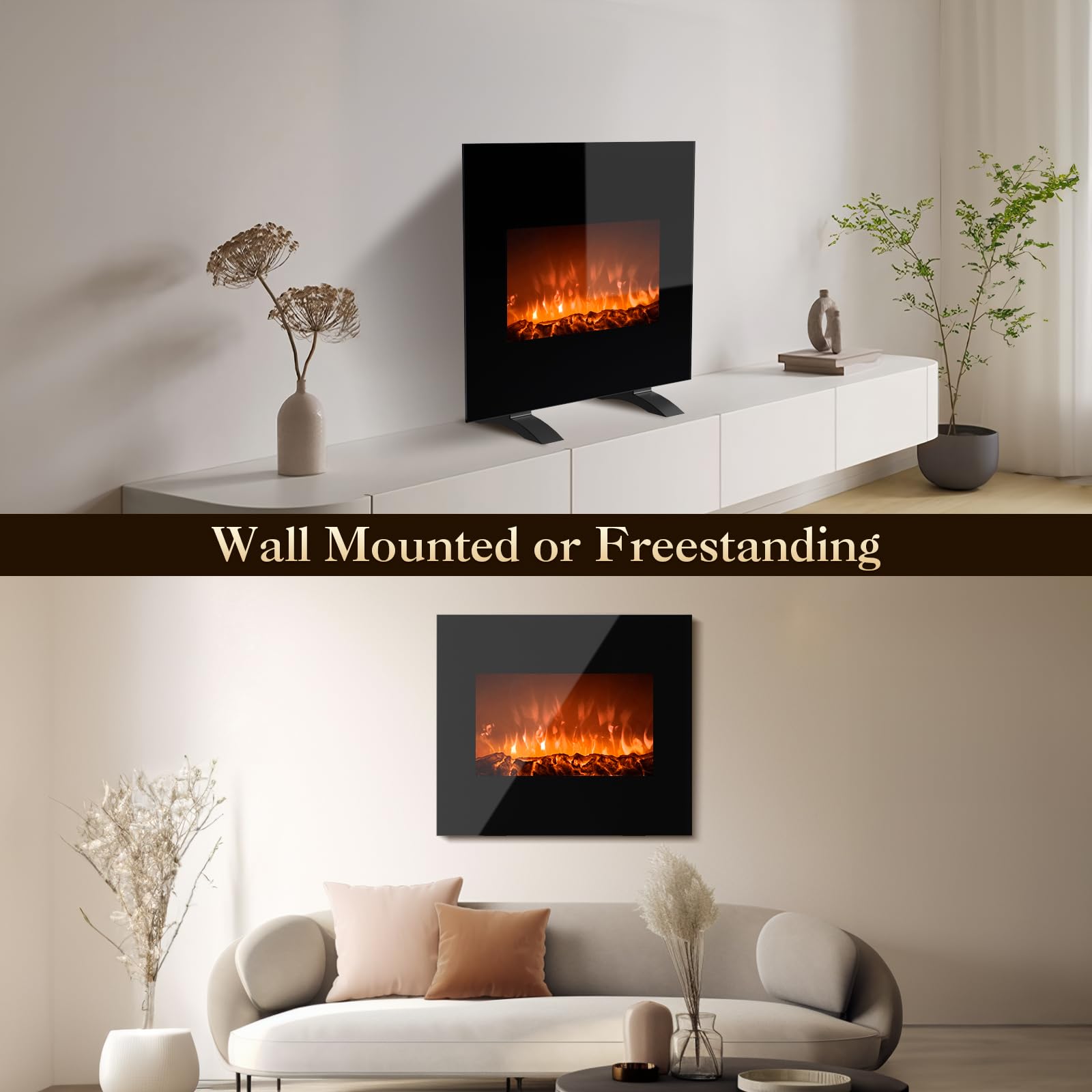 LifePlus Electric Fireplace Heater, 26 Inch Glass Fireplace Heater with Wall Mounted and Freestanding, Adjustable 10 Flame LED Colors, Log & Crystal Hearth Options, Remote Control, 12H Timer