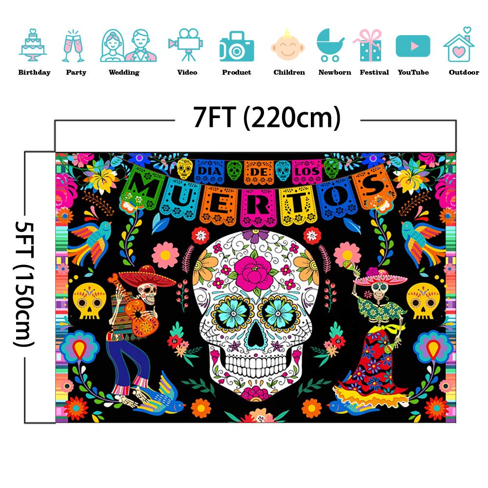 Avezano Day of The Dead Backdrop Mexican Dia de Los Muertos Fiesta Background Sugar Skull Halloween Party Decoration Supplies (7x5ft)