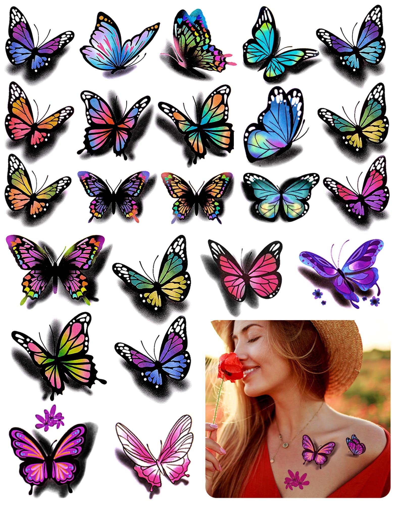 3D Butterflies and Flowers Temporary Stickers Tattoo, Colorful Body Art Tattoos for Women Kids, 126Pcs