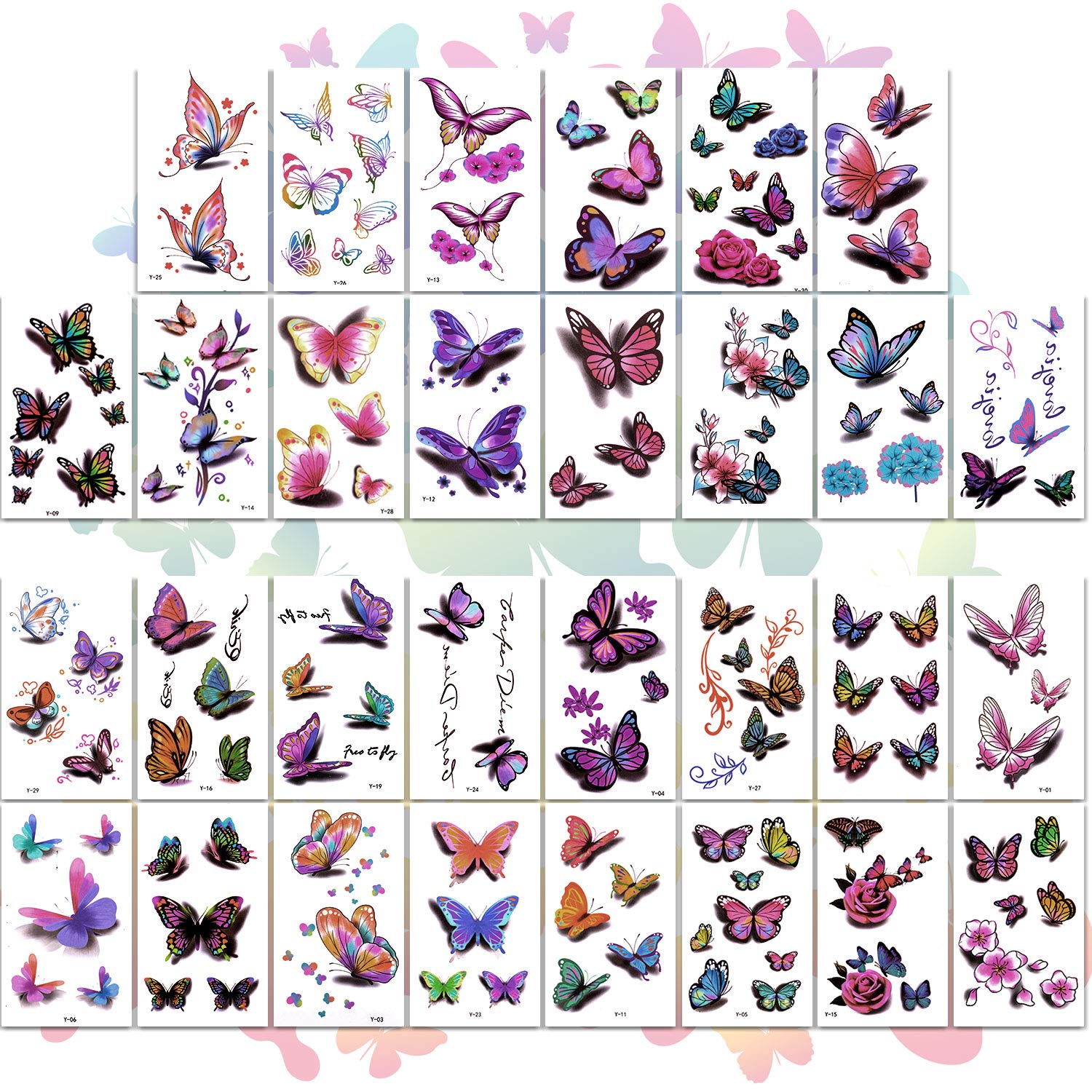 3D Butterflies and Flowers Temporary Stickers Tattoo, Colorful Body Art Tattoos for Women Kids, 126Pcs