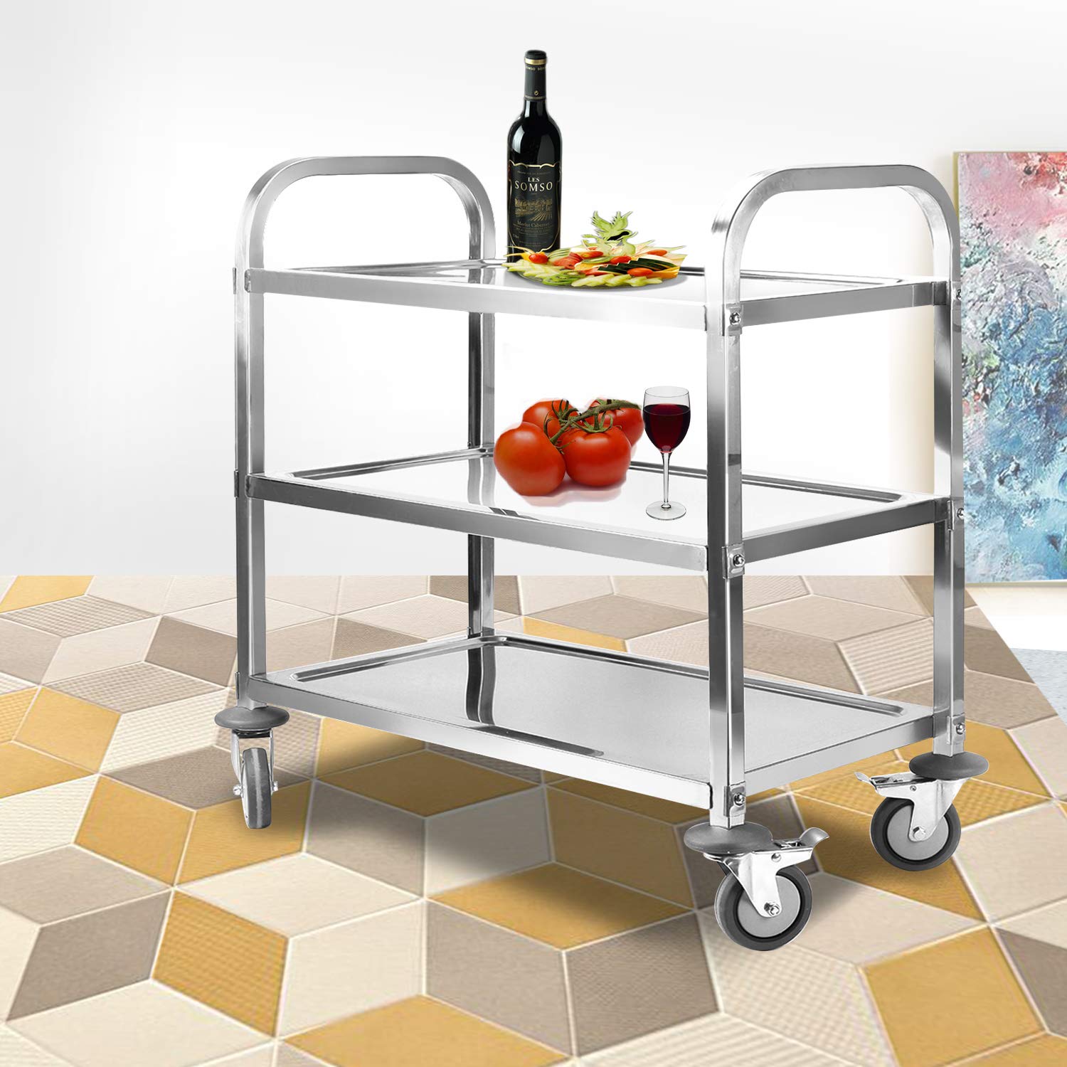 tonchean Large 3 Tier Stainless Steel Cart Kitchen Trolley Cart Serving Cart 37.4 x 19.7 x 37.4 Inch Kitchen Utility Rolling Cart Service Catering Storage Cart with Locking Wheels