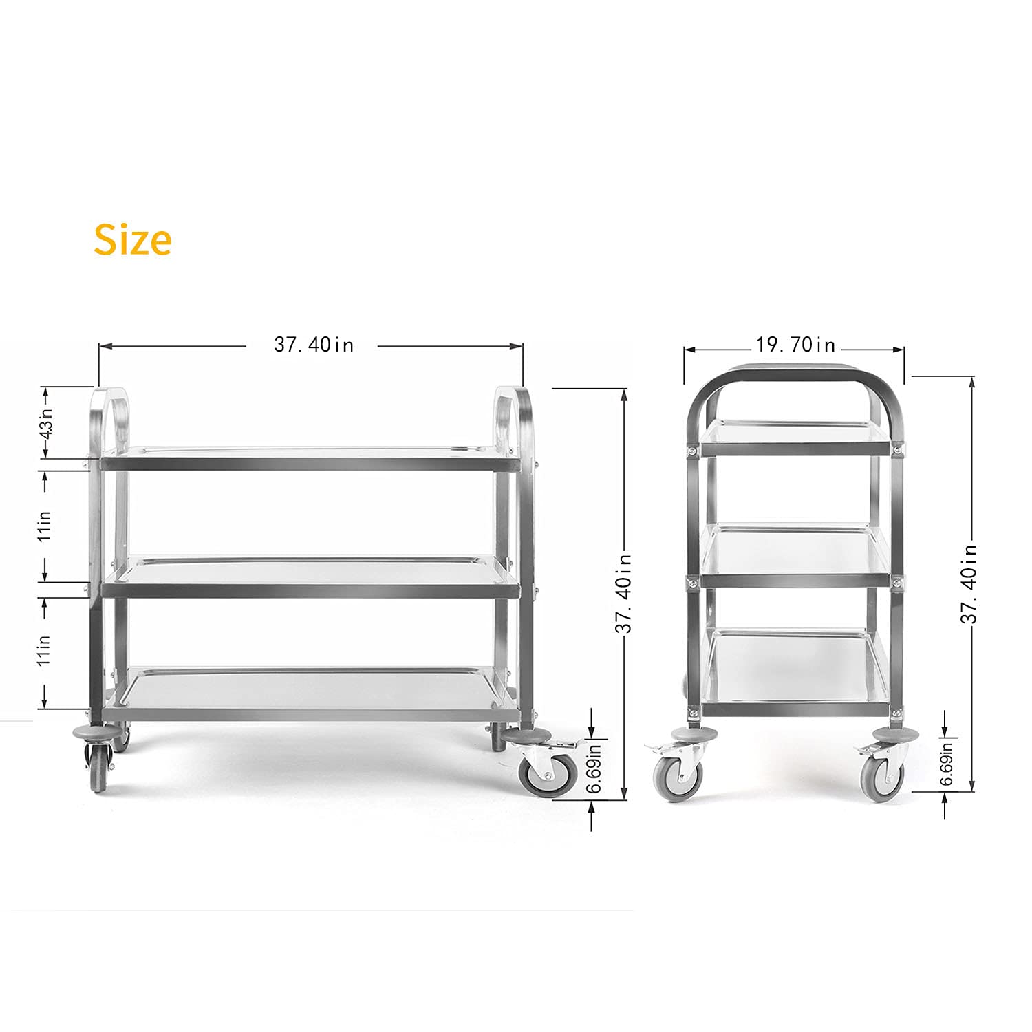 tonchean Large 3 Tier Stainless Steel Cart Kitchen Trolley Cart Serving Cart 37.4 x 19.7 x 37.4 Inch Kitchen Utility Rolling Cart Service Catering Storage Cart with Locking Wheels