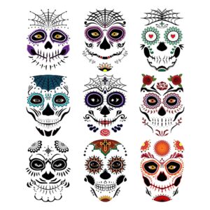 day of the dead sugar skull temporary face tattoo kit, 9 pcs web face tattoo for halloween, party,costume, men, women