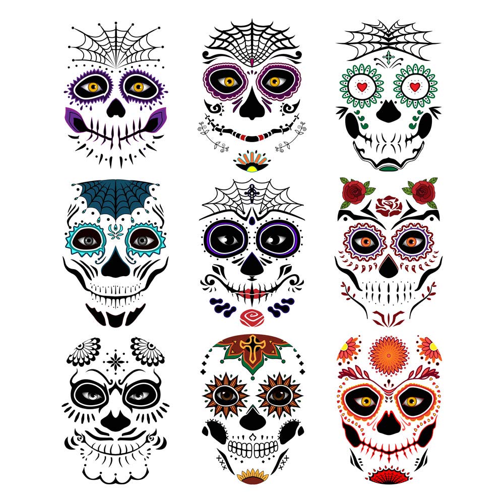 Day of the Dead Sugar Skull Temporary Face Tattoo Kit, 9 PCS Web Face Tattoo For Halloween, Party,Costume, Men, Women