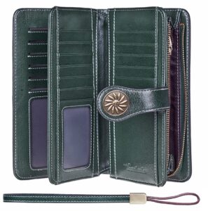 travelambo womens wallet large capacity rfid blocking genuine leather wristlet wallets(green)