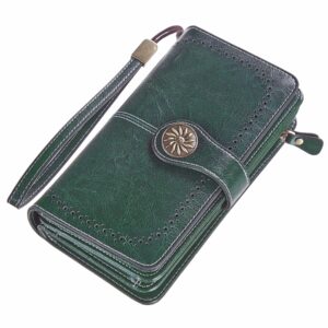 Travelambo Womens Wallet Large Capacity RFID Blocking Genuine Leather Wristlet Wallets(Green)