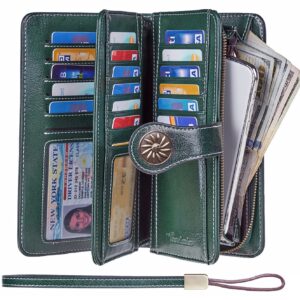 Travelambo Womens Wallet Large Capacity RFID Blocking Genuine Leather Wristlet Wallets(Green)