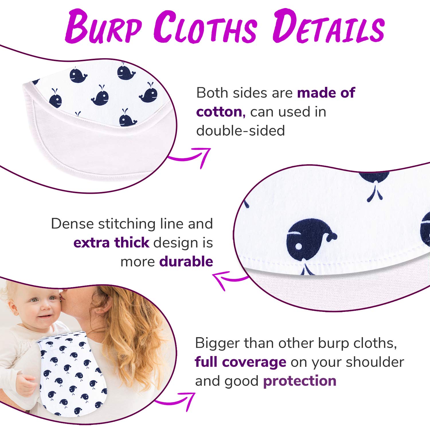 Liphontcta Organic Burp Cloths for Baby Boys - 5-Pack Ultra Absorbent Burping Cloth, Burp Clothes, Newborn Towel - Milk Spit Up Rags - Burpy Bib for Unisex, Boy, Girl - Burp Cloths Set