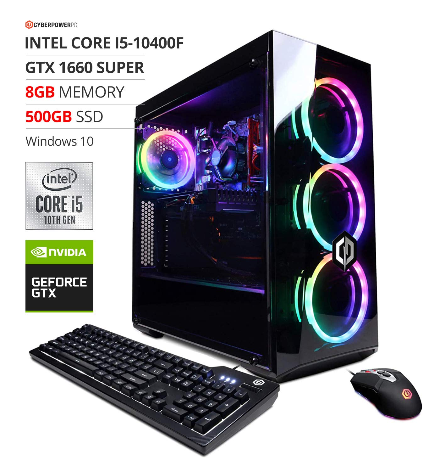 CyberpowerPC Gamer Xtreme VR Gaming PC, Intel i5-10400F 2.9GHz, GeForce GTX 1660 Super 6GB, 8GB DDR4, 500GB NVMe SSD, Wi-Fi Ready & Windows 10 Home (GXiVR8060A9)