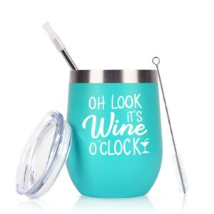 oh look it's wine o'clock - stainless steel wine tumbler with lid, funny wine gifts for women mom grandma sister coworkers, stemless insulated tumbler for christmas mothers day birthday(12oz, mint)