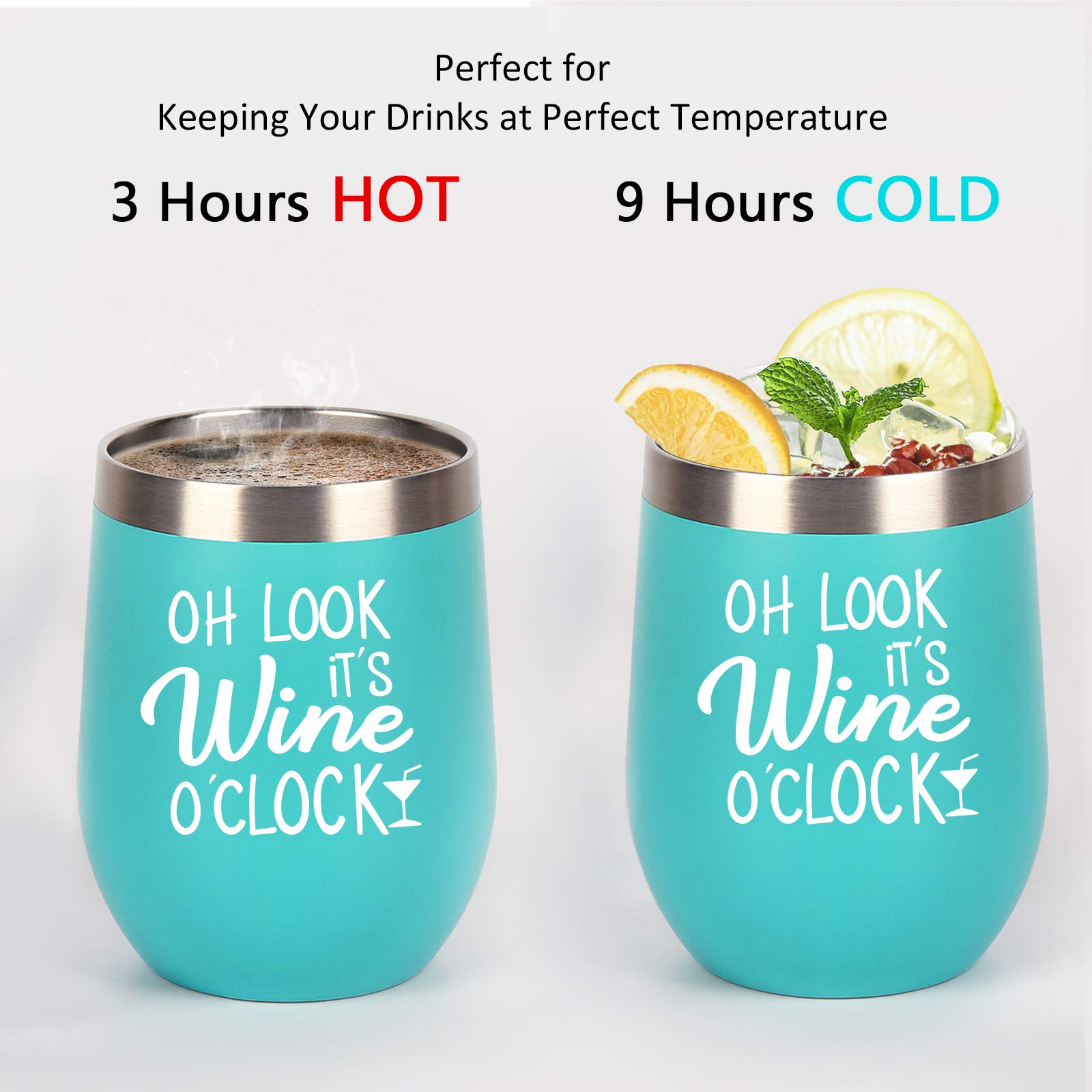 Oh Look It's Wine O'Clock - Stainless Steel Wine Tumbler with Lid, Funny Wine Gifts for Women Mom Grandma Sister Coworkers, Stemless Insulated Tumbler for Christmas Mothers Day Birthday(12oz, Mint)