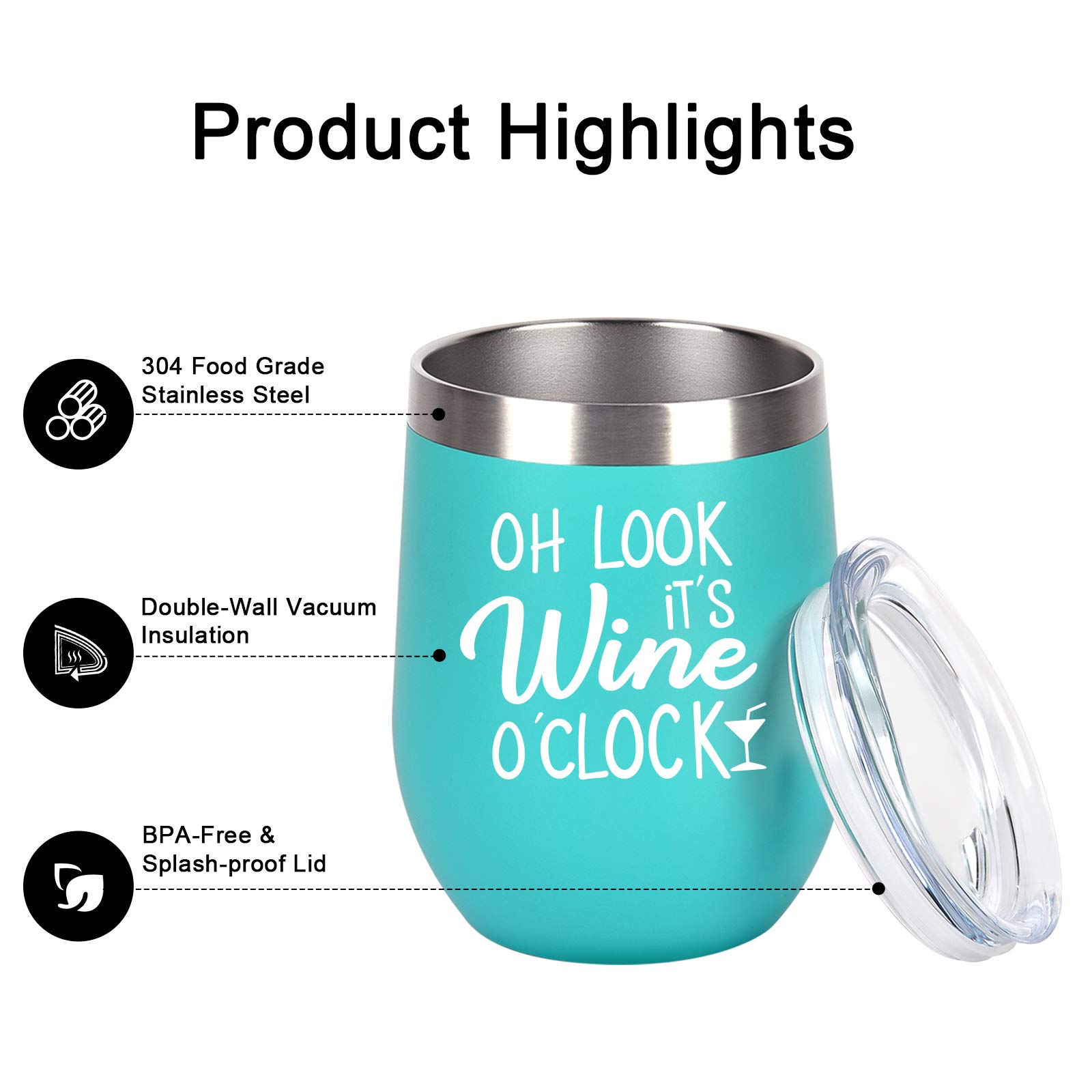 Oh Look It's Wine O'Clock - Stainless Steel Wine Tumbler with Lid, Funny Wine Gifts for Women Mom Grandma Sister Coworkers, Stemless Insulated Tumbler for Christmas Mothers Day Birthday(12oz, Mint)