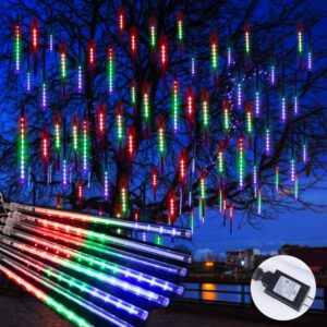 meteor shower lights outdoor, 11.8 inches 10 tubes 240 led snowfall lights, waterproof meteor christmas lights, hanging falling rain lights for tree bushes holiday party christmas decor, multicolored