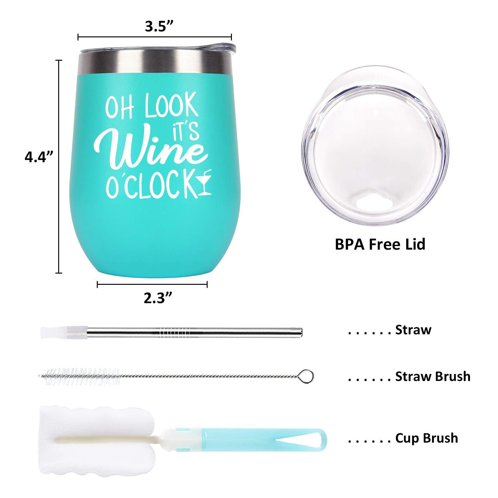 Oh Look It's Wine O'Clock - Stainless Steel Wine Tumbler with Lid, Funny Wine Gifts for Women Mom Grandma Sister Coworkers, Stemless Insulated Tumbler for Christmas Mothers Day Birthday(12oz, Mint)