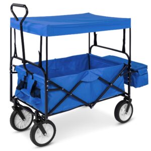 best choice products collapsible folding outdoor utility wagon with canopy garden cart for beach, picnic, camping, tailgates w/removable canopy, detachable pockets, 150lb weight capacity - blue