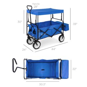Best Choice Products Collapsible Folding Outdoor Utility Wagon with Canopy Garden Cart for Beach, Picnic, Camping, Tailgates w/Removable Canopy, Detachable Pockets, 150lb Weight Capacity - Blue