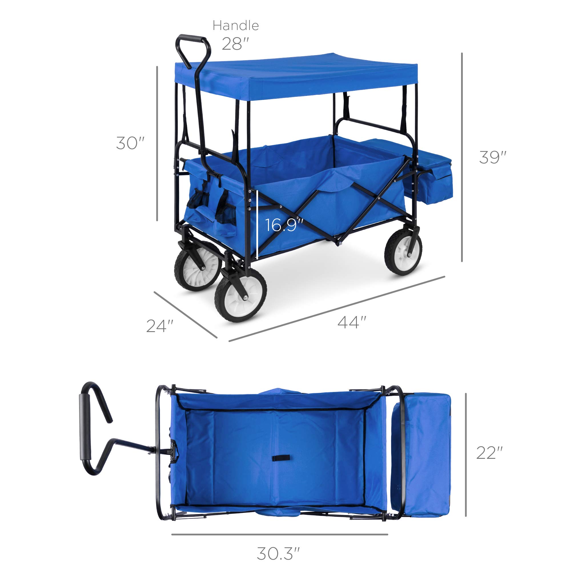 Best Choice Products Collapsible Folding Outdoor Utility Wagon with Canopy Garden Cart for Beach, Picnic, Camping, Tailgates w/Removable Canopy, Detachable Pockets, 150lb Weight Capacity - Blue