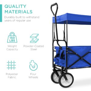 Best Choice Products Collapsible Folding Outdoor Utility Wagon with Canopy Garden Cart for Beach, Picnic, Camping, Tailgates w/Removable Canopy, Detachable Pockets, 150lb Weight Capacity - Blue