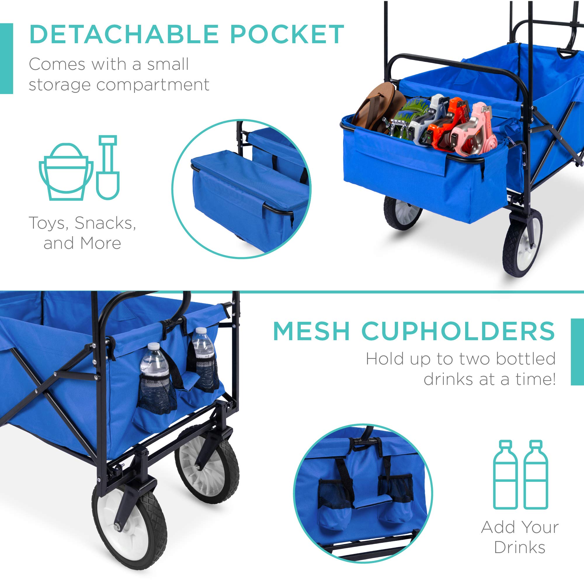 Best Choice Products Collapsible Folding Outdoor Utility Wagon with Canopy Garden Cart for Beach, Picnic, Camping, Tailgates w/Removable Canopy, Detachable Pockets, 150lb Weight Capacity - Blue