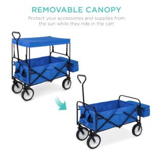 Best Choice Products Collapsible Folding Outdoor Utility Wagon with Canopy Garden Cart for Beach, Picnic, Camping, Tailgates w/Removable Canopy, Detachable Pockets, 150lb Weight Capacity - Blue