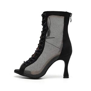 hroyl open toe dance boots women latin salsa ballroom lace-up ankle dance shoes,qjw7179-black-8.3,us8