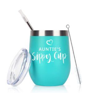 gifts for aunt auntie's sippy cup wine tumbler with lid, birthday mothers day gifts for aunts new aunt gift from niece nephew, funny insulated stainless steel stemless tumbler with straw (12 oz, mint)