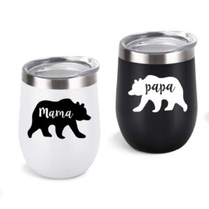 gingprous mama bear, papa bear couple wine tumbler set, gifts for couples, new parents, pregnancy, new mom and new dad, 12 oz insulated stainless steel wine tumbler with lid(set of 2, black and white)