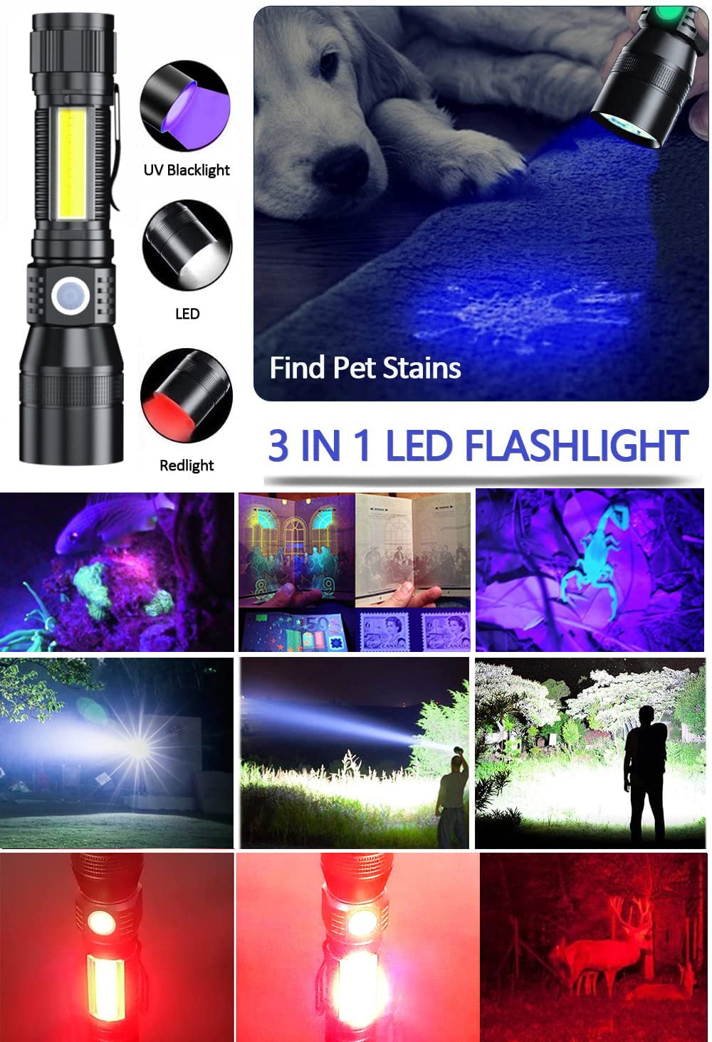 Black Light UV Flashlight Rechargeable, 3in1 Super Bright Tactical Flashlights LED UV Black Light &Redlight, 2000Lumen 7Modes, Zoomable, Waterproof Pocket Flashlight for Pet Stains Detection,Camping