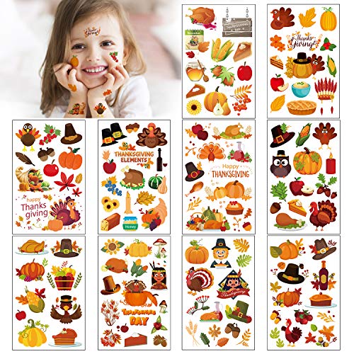 Konsait 130PCS Thanksgiving Tattoo,Thanksgiving Fall Autumn Leaves Tattoos Turkey Day Accessories Autumn Harvest Maple Festival Seasonal Decorations for Kids Girls Boy Gift