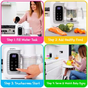 EVLA'S Double Baby Food Maker, Food Processor with 2 Steaming Baskets, Blender, Grinder, Steamer, Cook & Blends Healthy Homemade Baby Food in Minutes, Touch Screen Control, with 6 food pouches, White