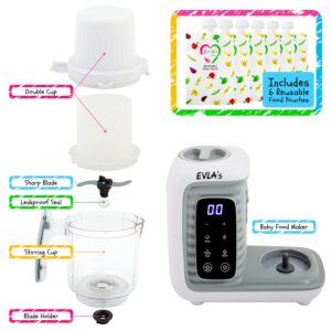 EVLA'S Double Baby Food Maker, Food Processor with 2 Steaming Baskets, Blender, Grinder, Steamer, Cook & Blends Healthy Homemade Baby Food in Minutes, Touch Screen Control, with 6 food pouches, White