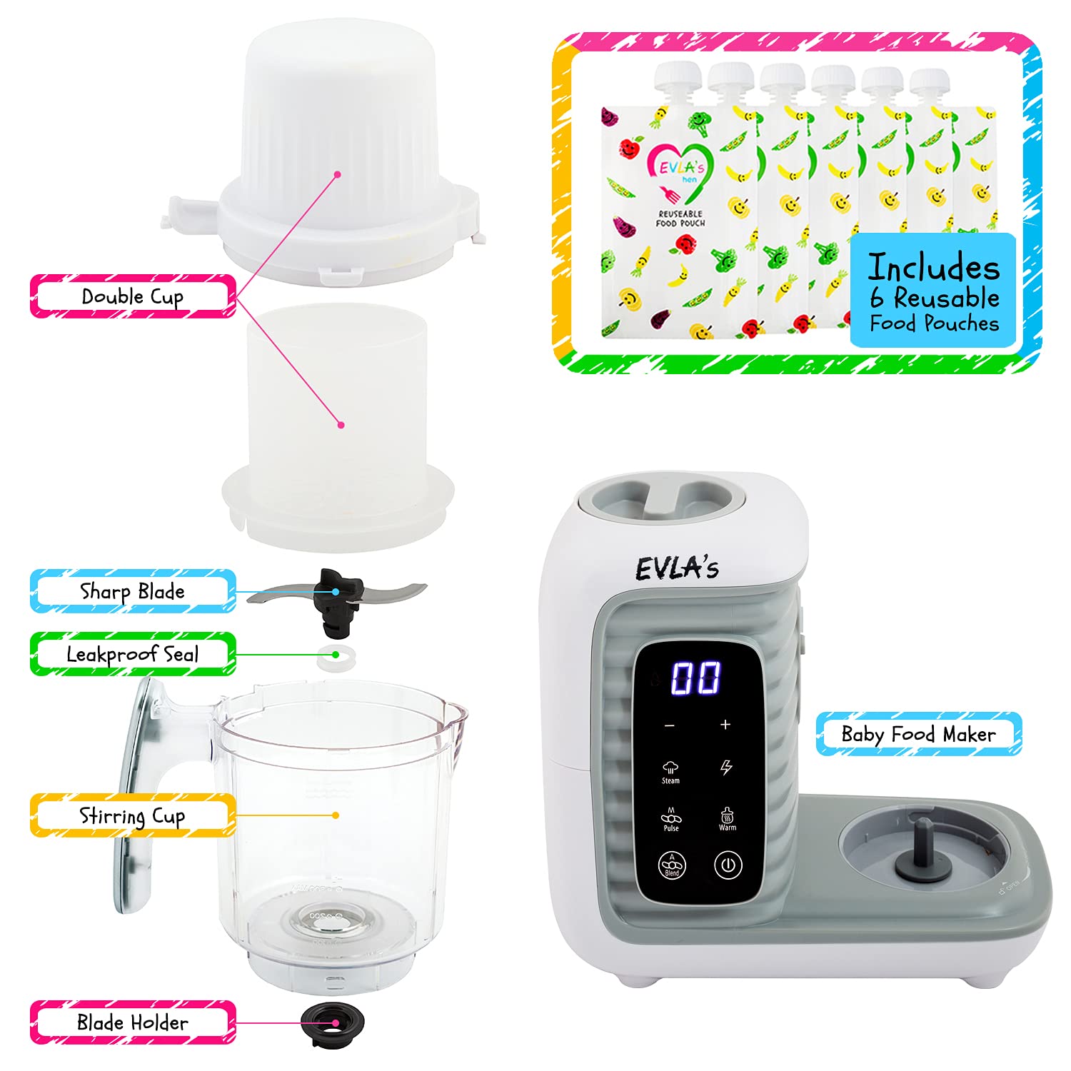 EVLA'S Double Baby Food Maker, Food Processor with 2 Steaming Baskets, Blender, Grinder, Steamer, Cook & Blends Healthy Homemade Baby Food in Minutes, Touch Screen Control, with 6 food pouches, White