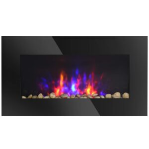 homcom 28.5" 1500w electric wall-mounted fireplace with flame effect, 7 color background light, black