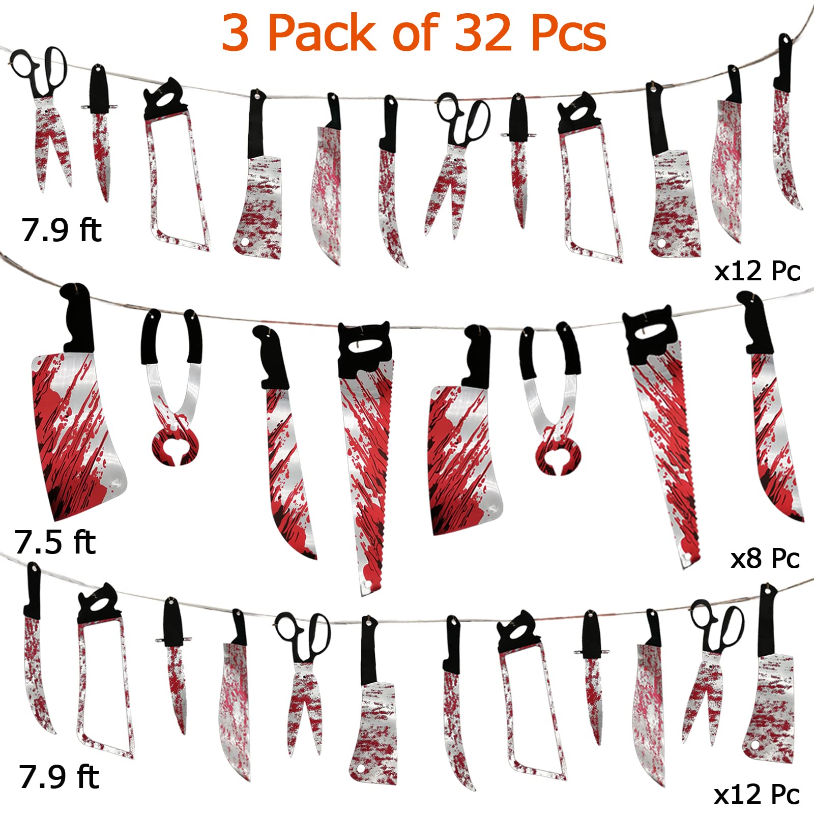 32PCS Halloween Bloody Garland Banner Props Halloween Decorations Halloween Zombie Vampire Party Decorations Supplies for Haunted House Bar Office Home Indoor Outdoor Yard Décor Weapons Hanging Banner