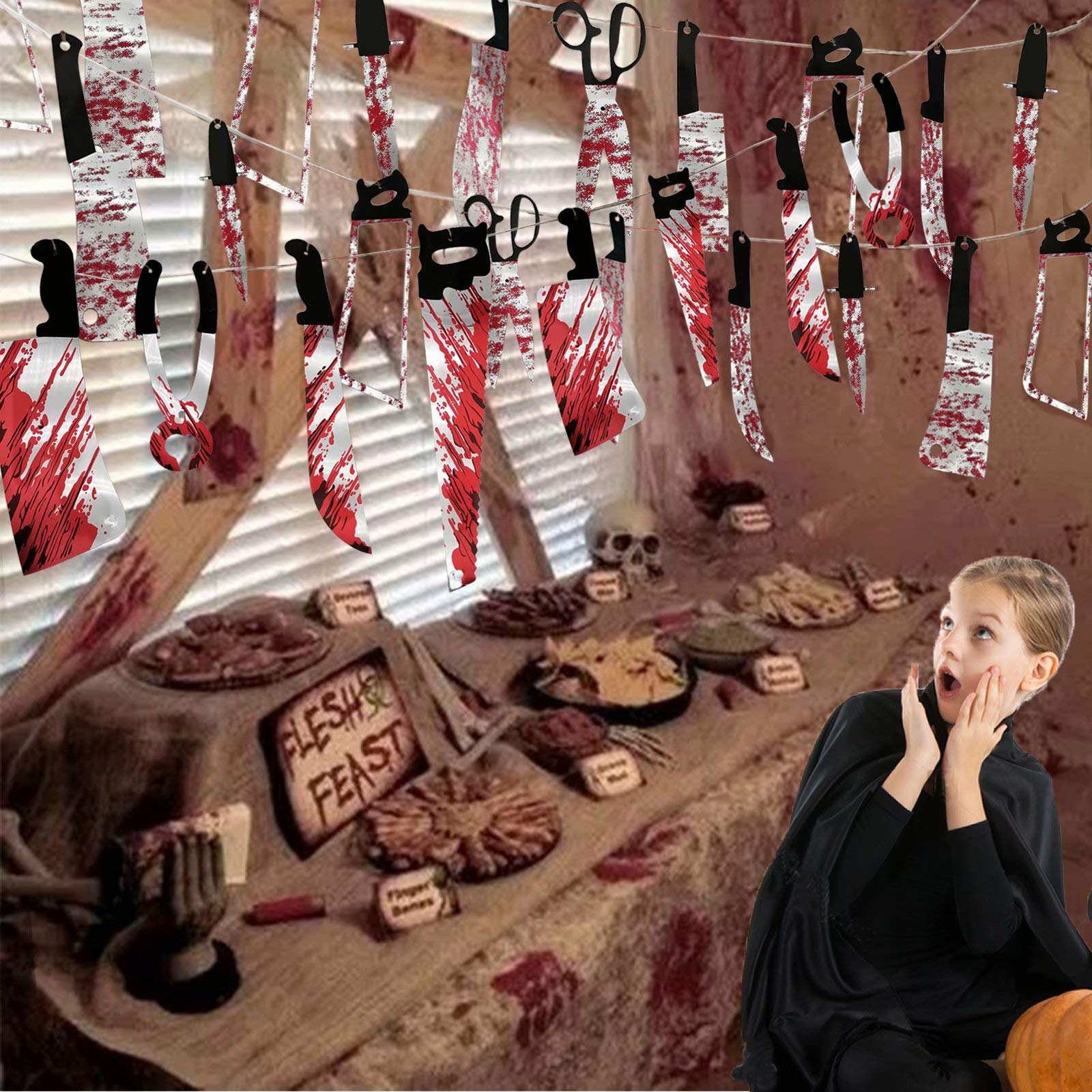 32PCS Halloween Bloody Garland Banner Props Halloween Decorations Halloween Zombie Vampire Party Decorations Supplies for Haunted House Bar Office Home Indoor Outdoor Yard Décor Weapons Hanging Banner