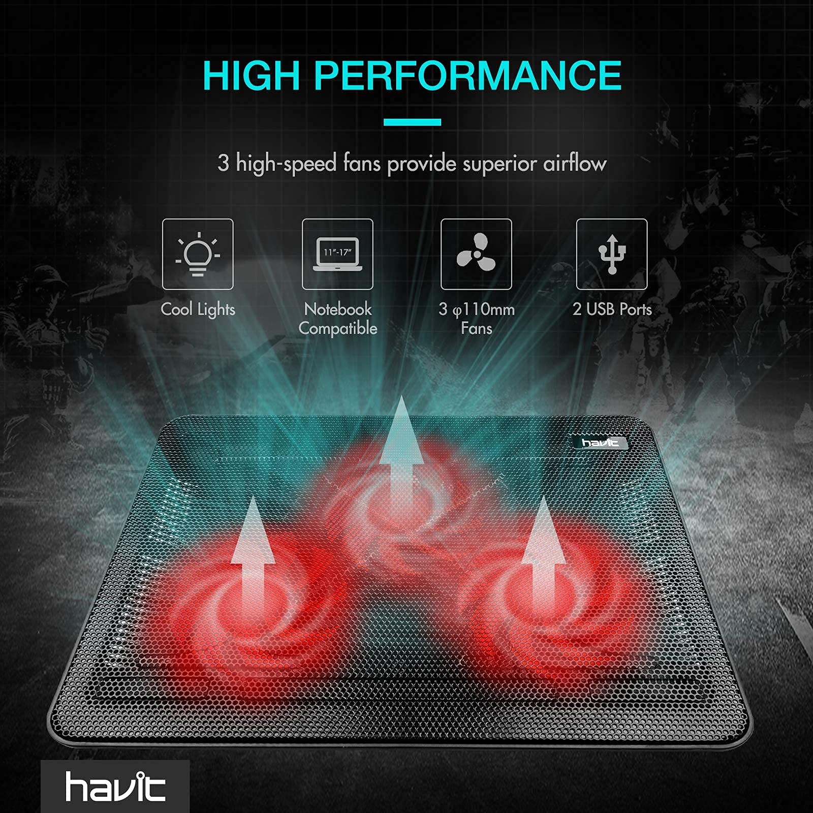 Havit HV-F2056 15.6"-17" Laptop Cooler Cooling Pad - Slim Portable USB Powered (3 Fans) Blue & Red