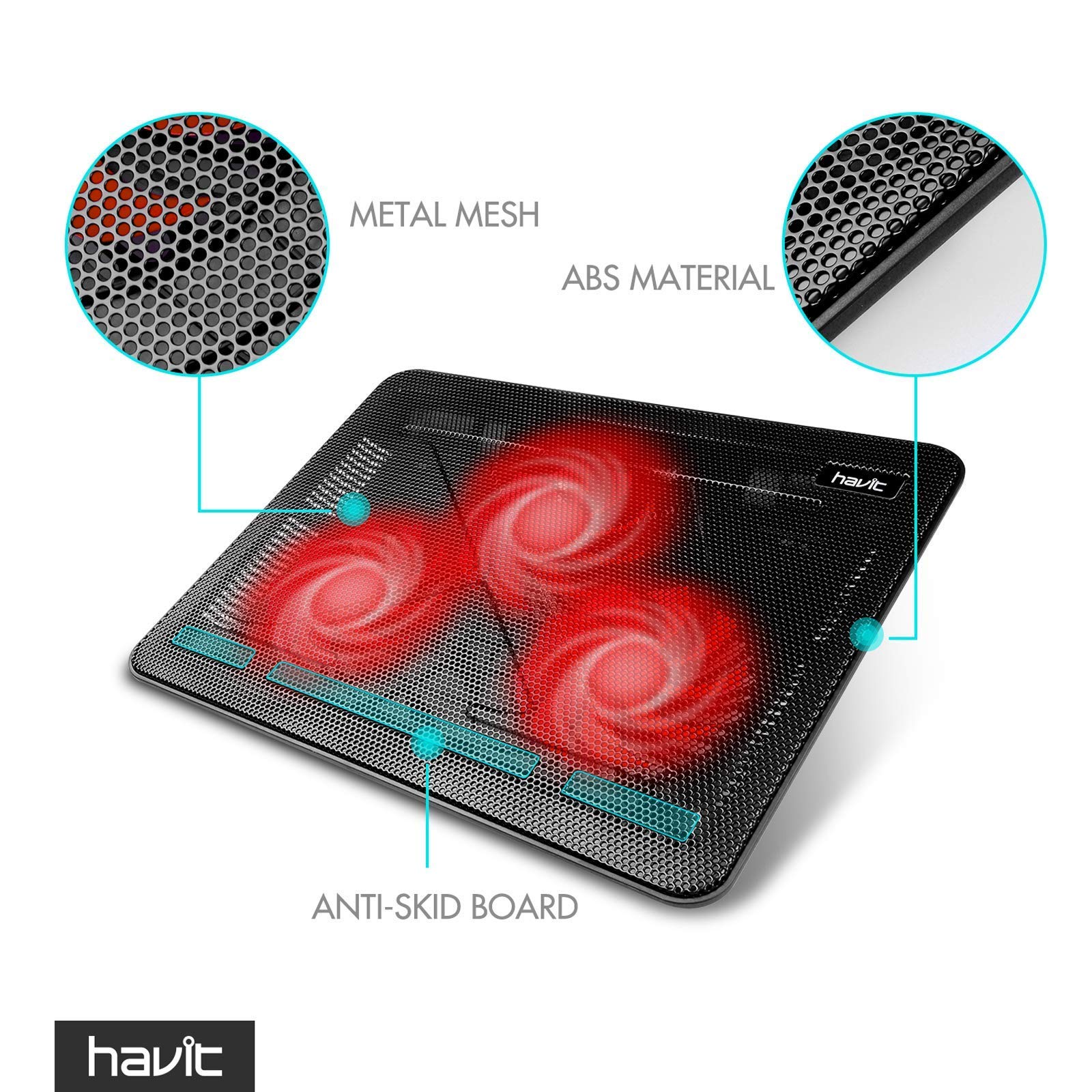 Havit HV-F2056 15.6"-17" Laptop Cooler Cooling Pad - Slim Portable USB Powered (3 Fans) Blue & Red