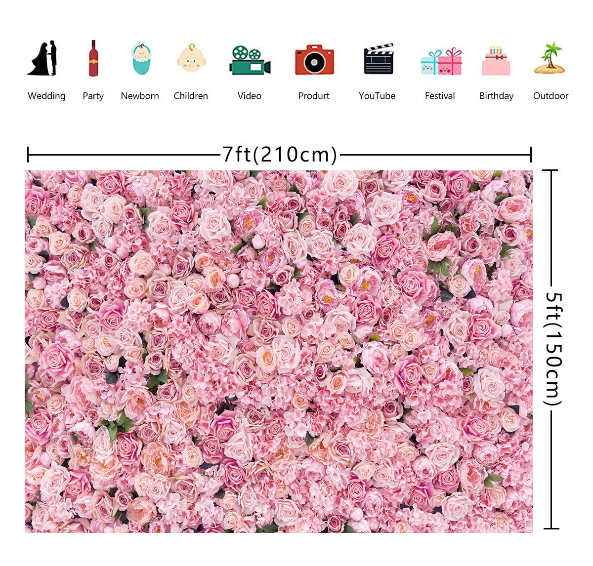 BINQOO 7x5ft Pink Rose Wall Background Mother Day Pink Flowers Backdrops Spring Tea Party Flowers Backdrop Girls Birthday Pink Princess Weeding Bridal Shower Pink Floral Anniversary Ceremony Decor