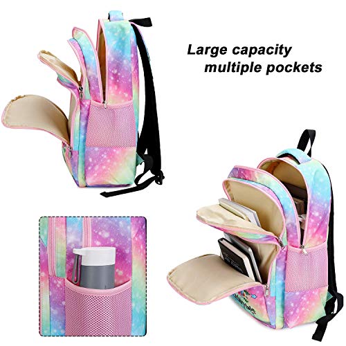 BTOOP Girls Backpack Kids Elementary Bookbag Girly School Bag with Insulated Lunch Tote and Pencil Pouch (Tie dye galaxy - 3 pieces)