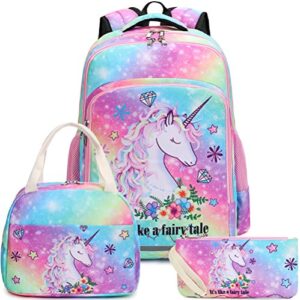 btoop girls backpack kids elementary bookbag girly school bag with insulated lunch tote and pencil pouch (tie dye galaxy - 3 pieces)