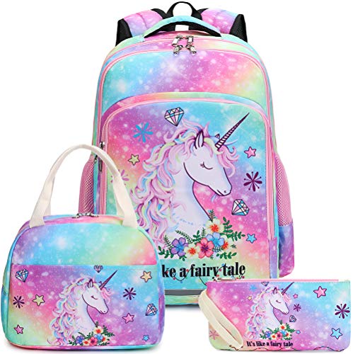 BTOOP Girls Backpack Kids Elementary Bookbag Girly School Bag with Insulated Lunch Tote and Pencil Pouch (Tie dye galaxy - 3 pieces)