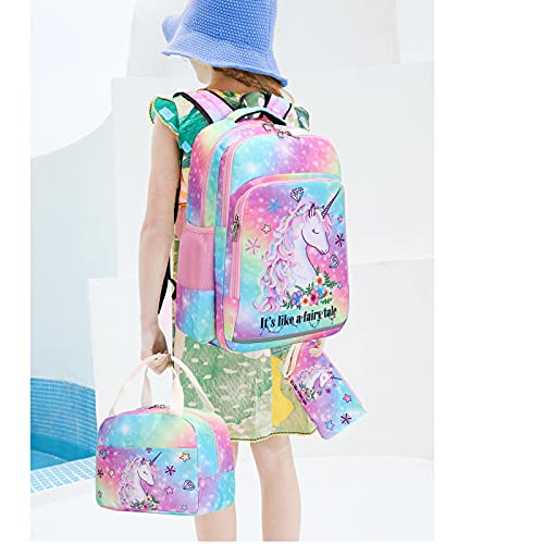 BTOOP Girls Backpack Kids Elementary Bookbag Girly School Bag with Insulated Lunch Tote and Pencil Pouch (Tie dye galaxy - 3 pieces)