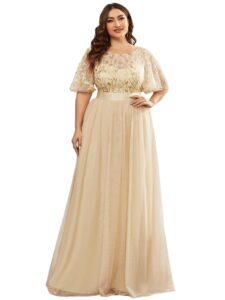 ever-pretty women's round neck a-line tulle sequin plus size formal dresses for women gold us18