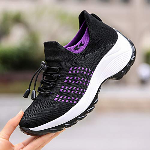 Womens Walking Shoes Sock Sneakers Slip on Arch Support Mesh Breathable Lightweight Running Tennis Shoes Casual Platform Loafers Black Purple Size 6