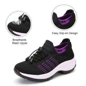 Womens Walking Shoes Sock Sneakers Slip on Arch Support Mesh Breathable Lightweight Running Tennis Shoes Casual Platform Loafers Black Purple Size 6