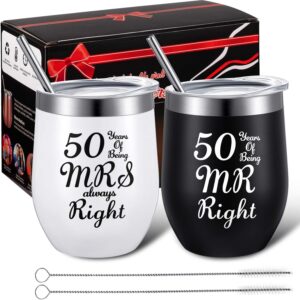 2 pack 50th anniversary couple cups present, 50 years of being mr/mrs always right, funny wedding anniversary present for grandparents, 12 oz wine tumbler for celebrating golden 50th anniversary