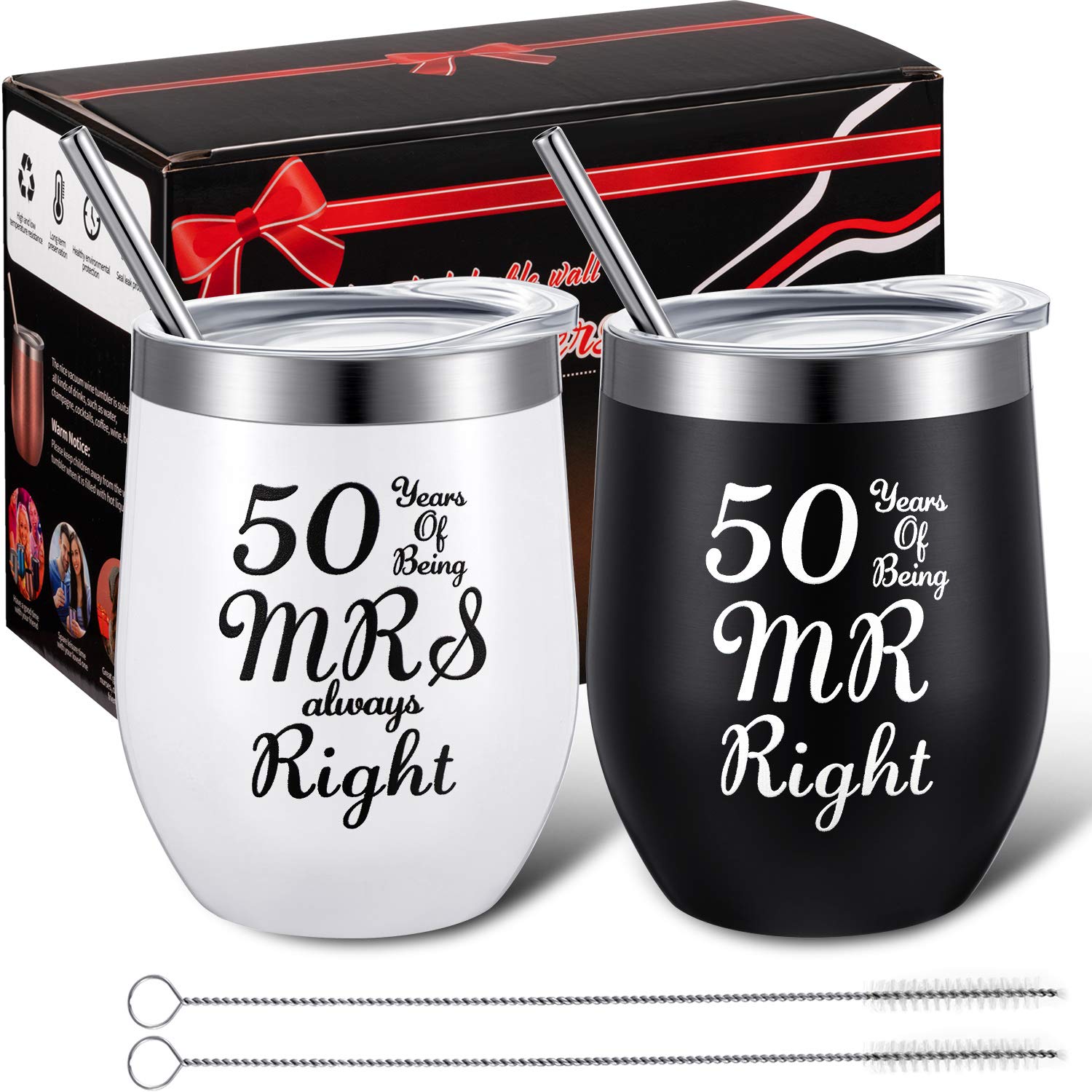 2 Pack 50th Anniversary Couple Cups Present, 50 Years of Being MR/MRS Always Right, Funny Wedding Anniversary Present for Grandparents, 12 oz Wine Tumbler for Celebrating Golden 50th Anniversary